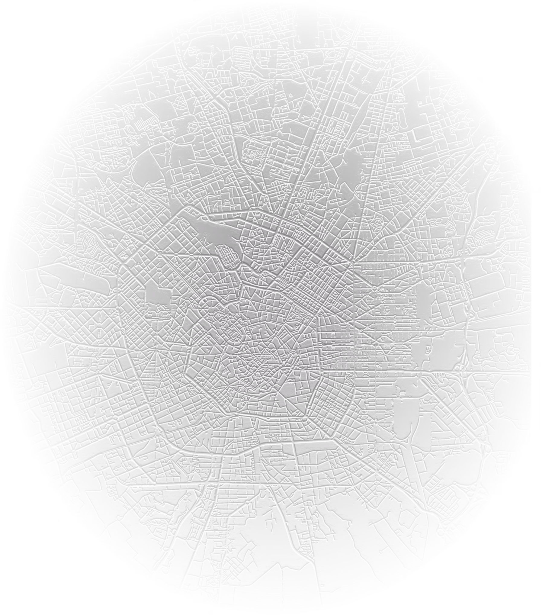 Embossed circular grayscale map showing detailed urban street layout and city blocks of Milano, Italia.